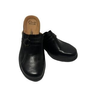 Clarks Soft Cushion Black Buckle Clog Slip On Wedge Shoe Womens Size 7.5